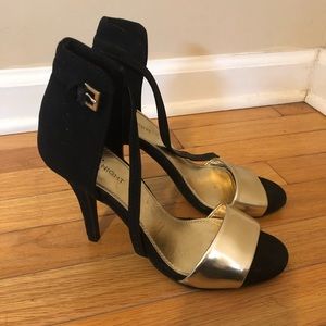 Fioni Night Gold Black Stiletto Sandal Ankle Strap